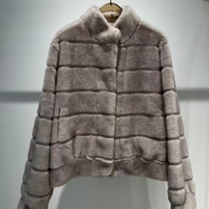 STRIPED FAUX MINK STAND COLLAR JACKET