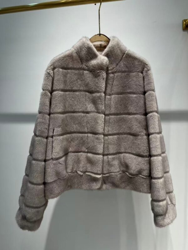 STRIPED FAUX MINK STAND COLLAR JACKET