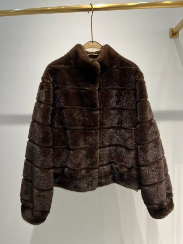 STRIPED FAUX MINK STAND COLLAR JACKET - Image 2